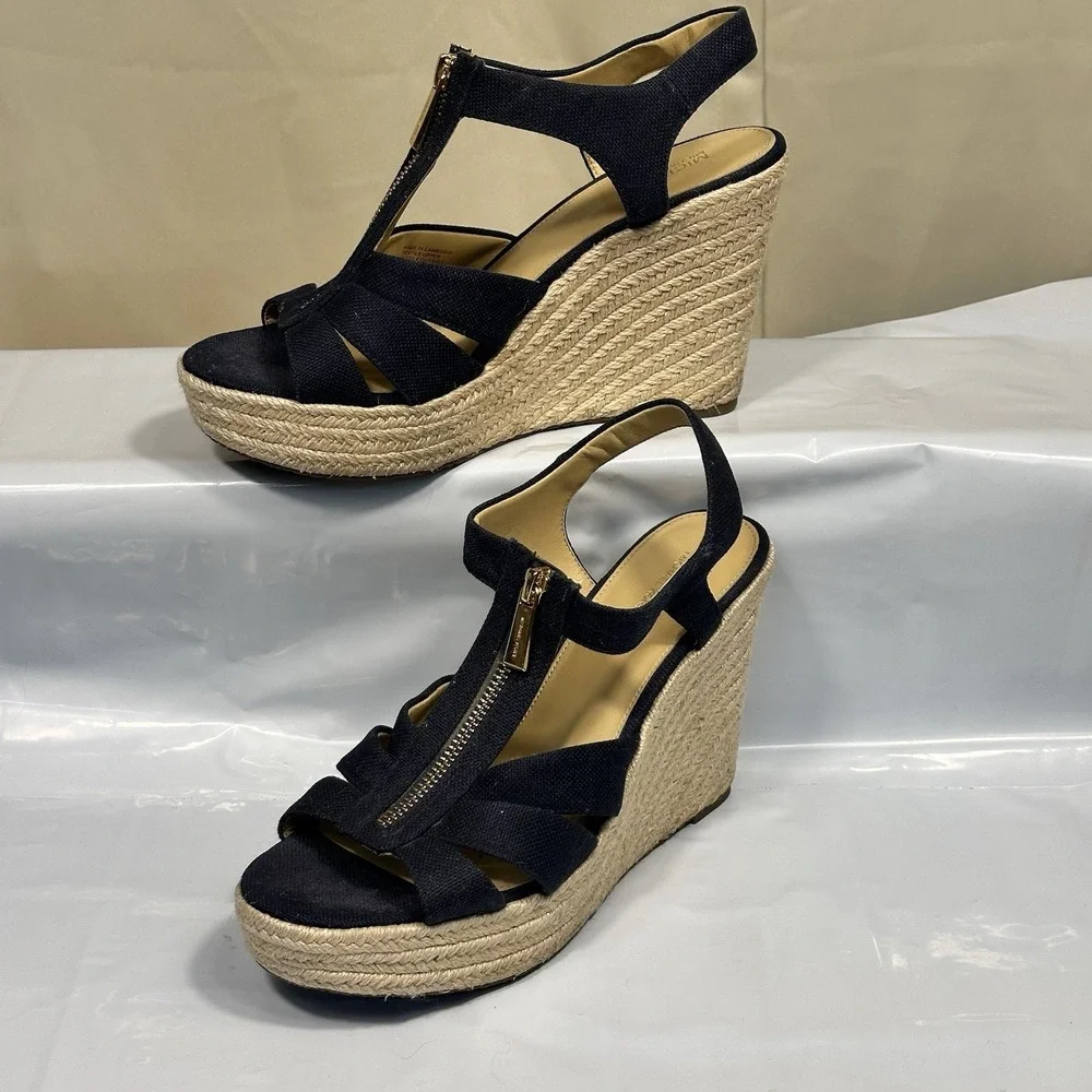 Michael MICHAEL KORS Berkley Wedge Platform Sandal Navy Canvas Zip US 10M